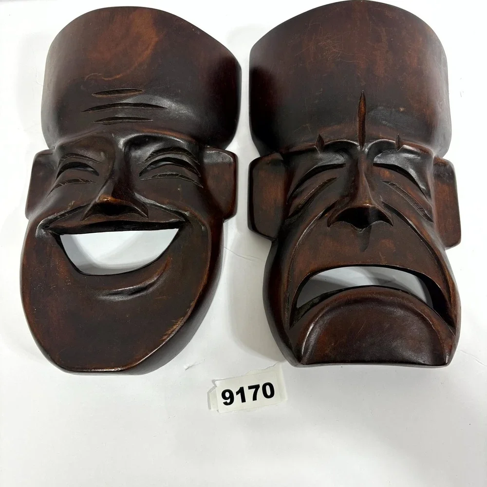 2 Vintage Hand Carved Wood Comedy Tragedy Drama Masks Natural Varnished Wall Art